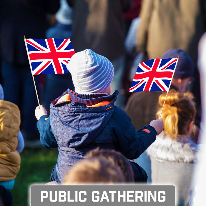 G128 12 Pack Handheld United Kingdom UK Stick Flags | 8x12 In | Printed 150D Polyester, Country Flag, Solid Wooden Stick, Spear Gold Tip