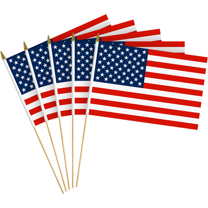 G128 50 Pack Handheld American USA Stick Flags | 8x12 In | Printed 150D Polyester, Country Flag, Solid Wooden Stick, Spear Gold Tip, Great for Patriotic Decorations