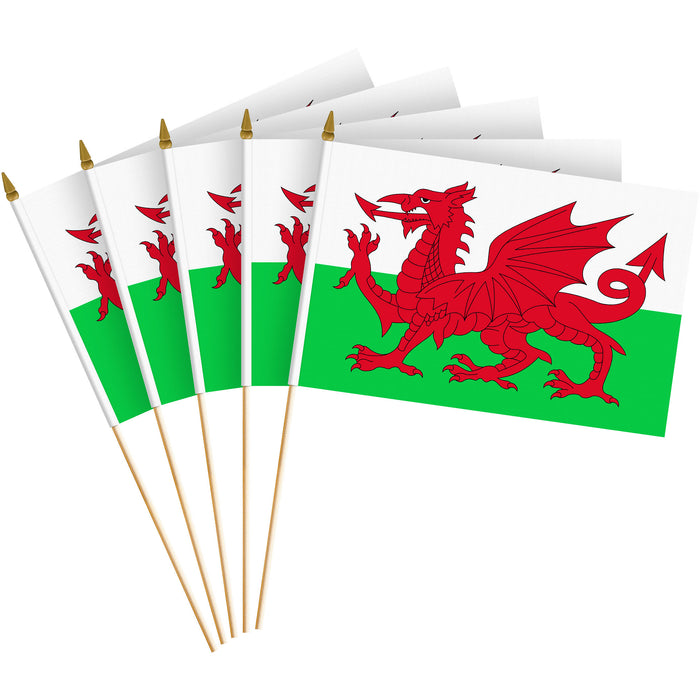 G128 12 Pack Handheld Wales Welsh Stick Flags | 8x12 In | Printed 150D Polyester, Country Flag, Solid Wooden Stick, Spear Gold Tip