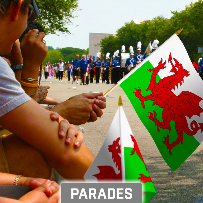G128 10 Pack Handheld Wales Welsh Stick Flags | 8x12 In | Printed 150D Polyester, Country Flag, Solid Plastic Stick, Spear White Tip