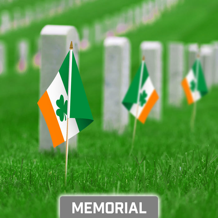 G128 10 Pack Handheld Ireland Shamrock Irish Stick Flags | 8x12 In | Printed 150D Polyester, Country Flag, Solid Plastic Stick, Spear White Tip