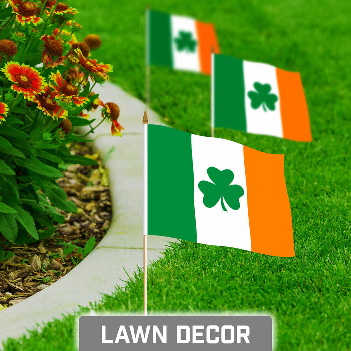 G128 10 Pack Handheld Ireland Shamrock Irish Stick Flags | 8x12 In | Printed 150D Polyester, Country Flag, Solid Plastic Stick, Spear White Tip