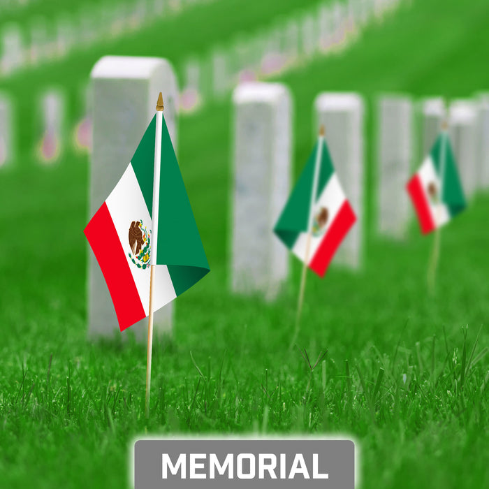 G128 24 Pack Handheld Mexico Mexican Stick Flags | 8x12 In | Printed 150D Polyester, Country Flag, Solid Wooden Stick, Spear Gold Tip