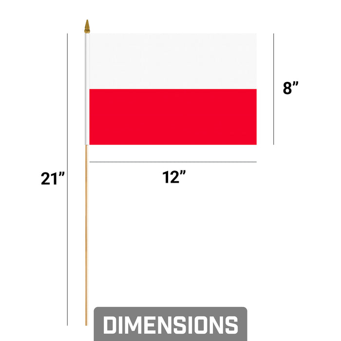 G128 10 Pack Handheld Poland Polish Stick Flags | 8x12 In | Printed 150D Polyester, Country Flag, Solid Plastic Stick, Spear White Tip
