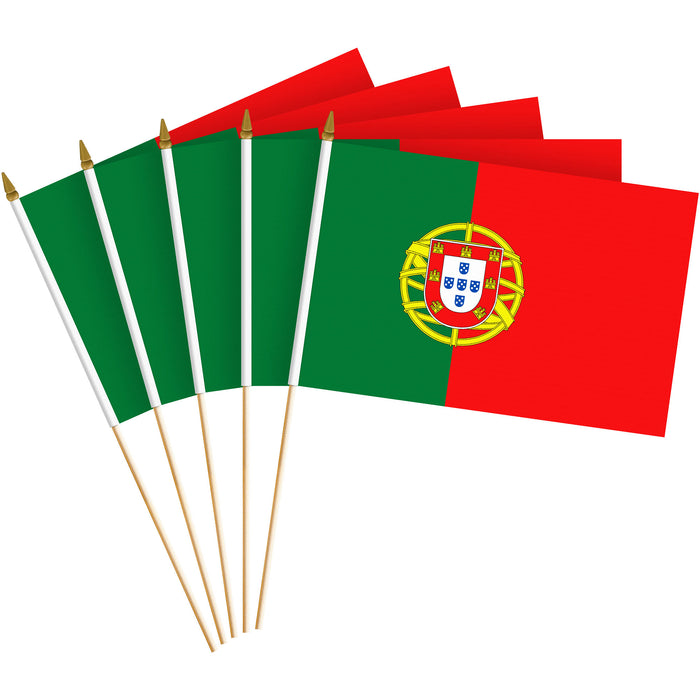 G128 30 Pack Handheld Portugal Portuguese Stick Flags | 8x12 In | Printed 150D Polyester, Country Flag, Solid Wooden Stick, Spear Gold Tip