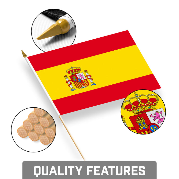 G128 10 Pack Handheld Spain Spanish Stick Flags | 8x12 In | Printed 150D Polyester, Country Flag, Solid Plastic Stick, Spear White Tip