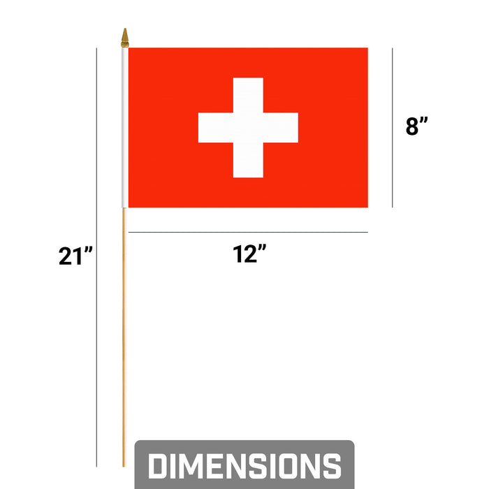G128 10 Pack Handheld Switzerland Swiss Stick Flags | 8x12 In | Printed 150D Polyester, Country Flag, Solid Plastic Stick, Spear White Tip