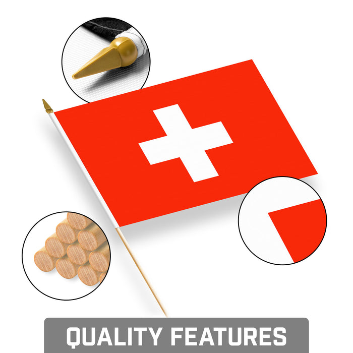 G128 10 Pack Handheld Switzerland Swiss Stick Flags | 8x12 In | Printed 150D Polyester, Country Flag, Solid Plastic Stick, Spear White Tip
