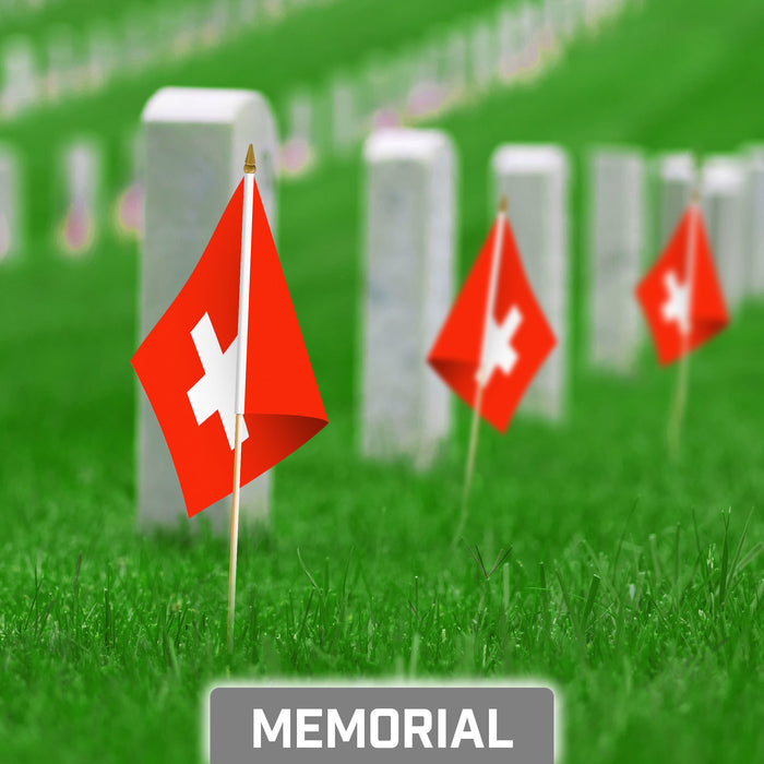 G128 10 Pack Handheld Switzerland Swiss Stick Flags | 8x12 In | Printed 150D Polyester, Country Flag, Solid Plastic Stick, Spear White Tip