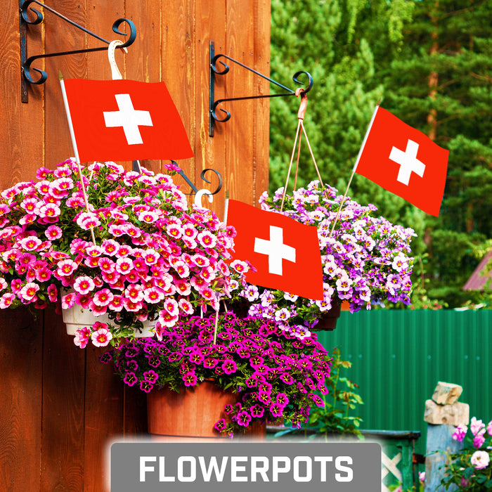 G128 10 Pack Handheld Switzerland Swiss Stick Flags | 8x12 In | Printed 150D Polyester, Country Flag, Solid Plastic Stick, Spear White Tip