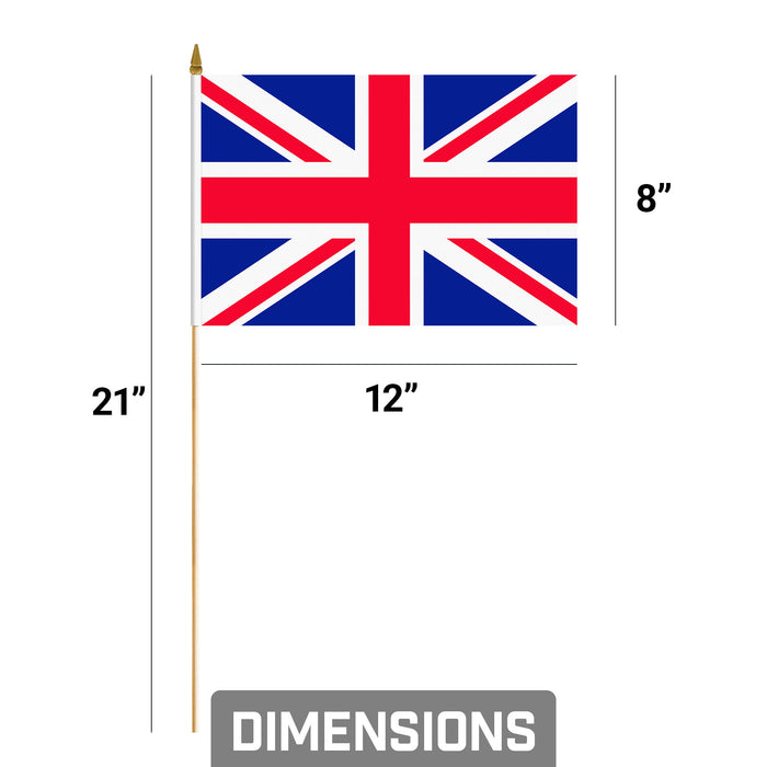 G128 24 Pack Handheld United Kingdom UK Stick Flags | 8x12 In | Printed 150D Polyester, Country Flag, Solid Wooden Stick, Spear Gold Tip