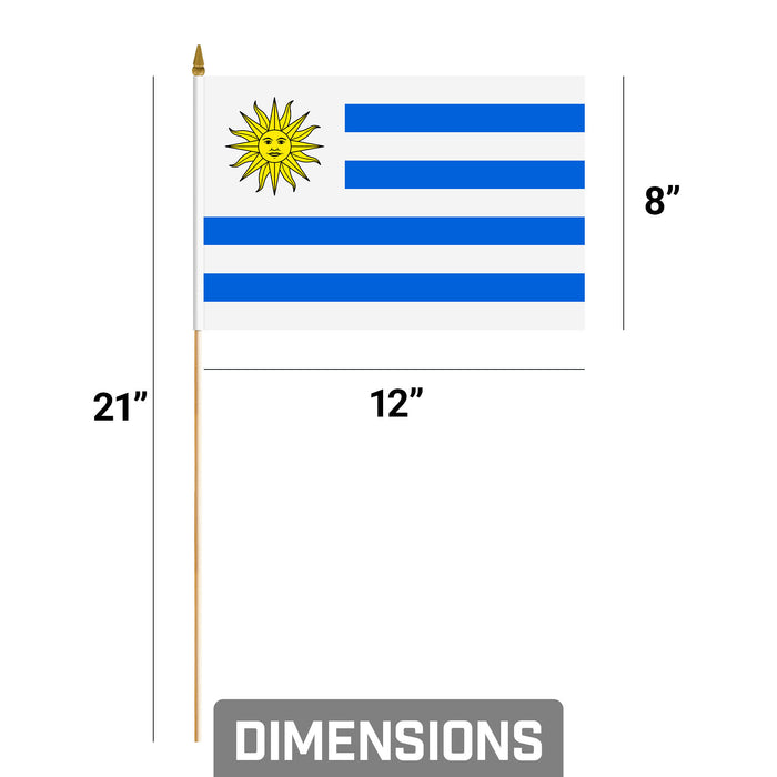 G128 12 Pack Handheld Uruguay Uruguayan Stick Flags | 8x12 In | Printed 150D Polyester, Country Flag, Solid Wooden Stick, Spear Gold Tip