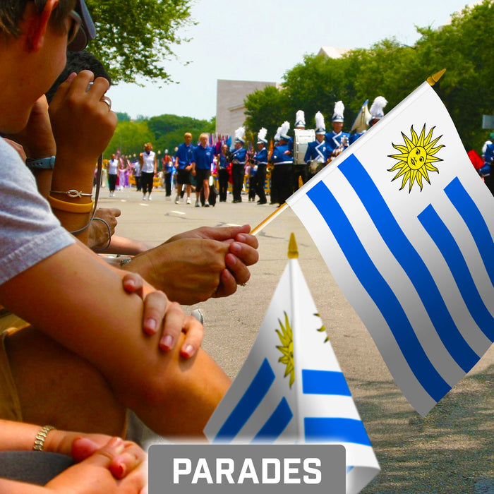 G128 10 Pack Handheld Uruguay Stick Flags | 8x12 In | Printed 150D Polyester, Country Flag, Solid Plastic Stick, Spear White Tip