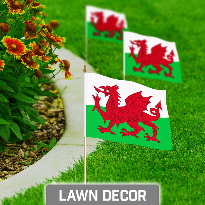 G128 10 Pack Handheld Wales Welsh Stick Flags | 8x12 In | Printed 150D Polyester, Country Flag, Solid Plastic Stick, Spear White Tip