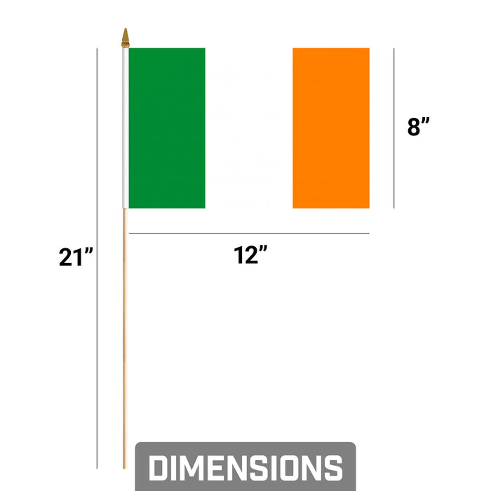 G128 10 Pack Handheld Ireland Irish Stick Flags | 8x12 In | Printed 150D Polyester, Country Flag, Solid Plastic Stick, Spear White Tip