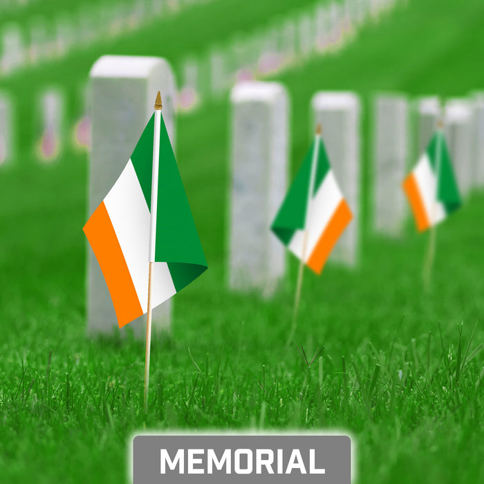 G128 50 Pack Handheld Ireland Irish Stick Flags | 8x12 In | Printed 150D Polyester, Country Flag, Solid Wooden Stick, Spear Gold Tip