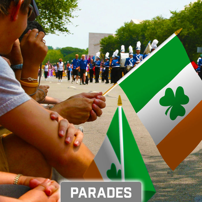 G128 10 Pack Handheld Ireland Shamrock Irish Stick Flags | 8x12 In | Printed 150D Polyester, Country Flag, Solid Plastic Stick, Spear White Tip
