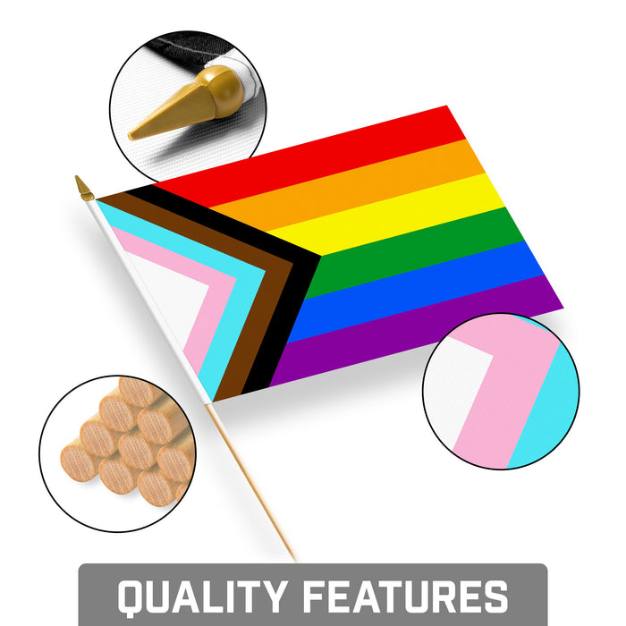 G128 24 Pack Handheld LGBT Progress Rainbow Pride Stick Flags | 8x12 In | Printed 150D Polyester, Social Flag, Solid Wooden Stick, Spear Gold Tip