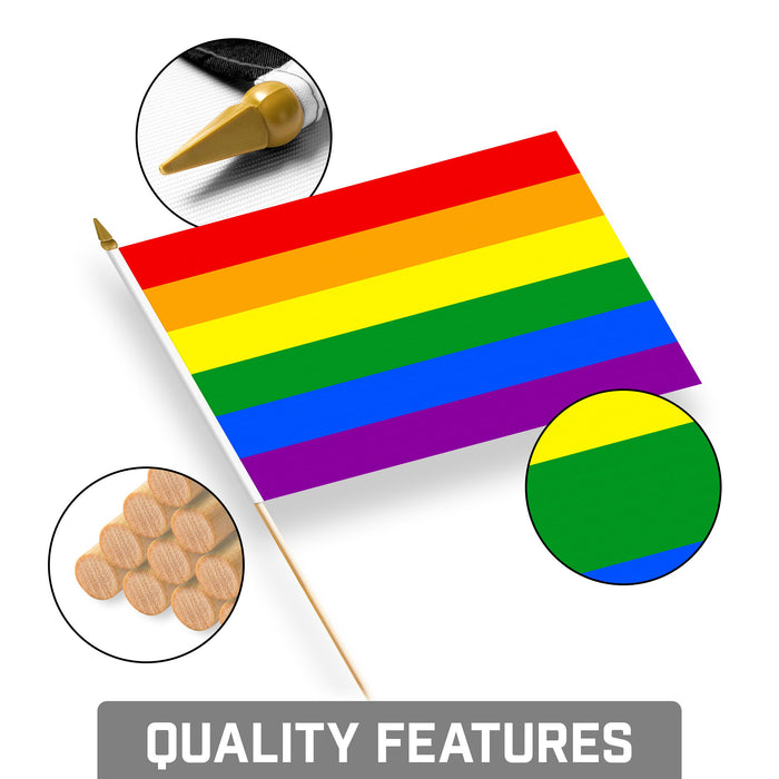 G128 30 Pack Handheld LGBT Rainbow Pride Stick Flags | 8x12 In | Printed 150D Polyester, Social Flag, Solid Wooden Stick, Spear Gold Tip