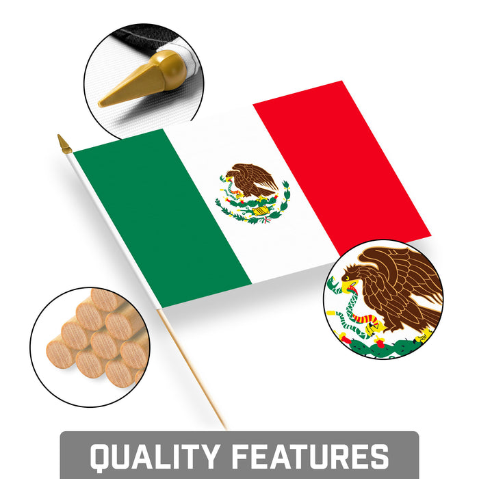 G128 12 Pack Handheld Mexico Mexican Stick Flags | 8x12 In | Printed 150D Polyester, Country Flag, Solid Wooden Stick, Spear Gold Tip