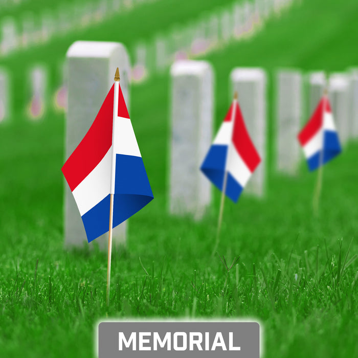 G128 50 Pack Handheld Netherlands Dutch Stick Flags | 8x12 In | Printed 150D Polyester, Country Flag, Solid Wooden Stick, Spear Gold Tip