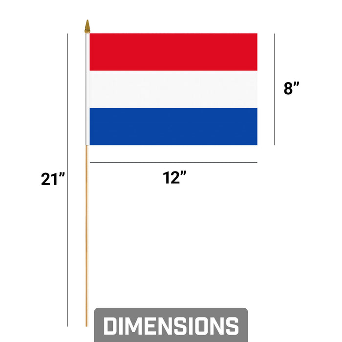 G128 30 Pack Handheld Netherlands Dutch Stick Flags | 8x12 In | Printed 150D Polyester, Country Flag, Solid Wooden Stick, Spear Gold Tip