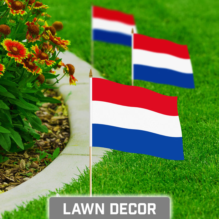 G128 30 Pack Handheld Netherlands Dutch Stick Flags | 8x12 In | Printed 150D Polyester, Country Flag, Solid Wooden Stick, Spear Gold Tip