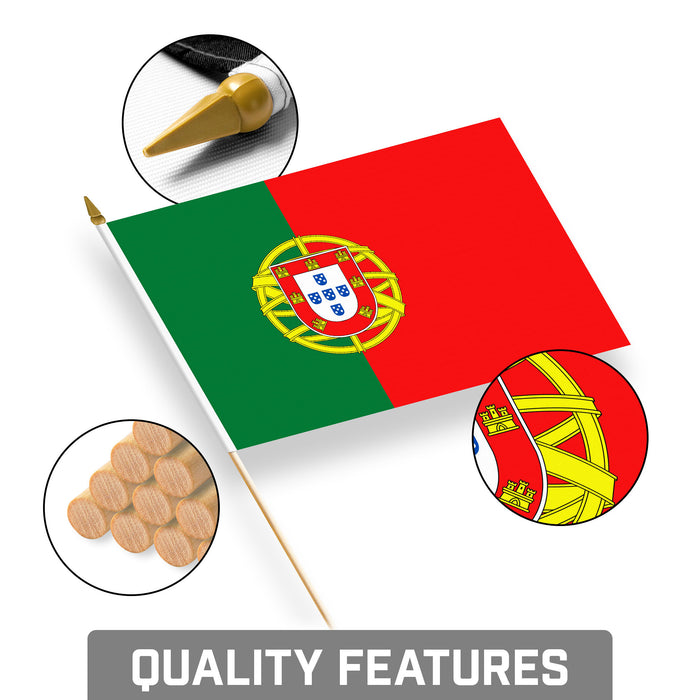 G128 30 Pack Handheld Portugal Portuguese Stick Flags | 8x12 In | Printed 150D Polyester, Country Flag, Solid Wooden Stick, Spear Gold Tip