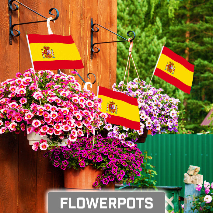 G128 10 Pack Handheld Spain Spanish Stick Flags | 8x12 In | Printed 150D Polyester, Country Flag, Solid Plastic Stick, Spear White Tip