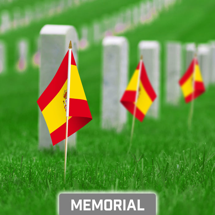 G128 10 Pack Handheld Spain Spanish Stick Flags | 8x12 In | Printed 150D Polyester, Country Flag, Solid Plastic Stick, Spear White Tip
