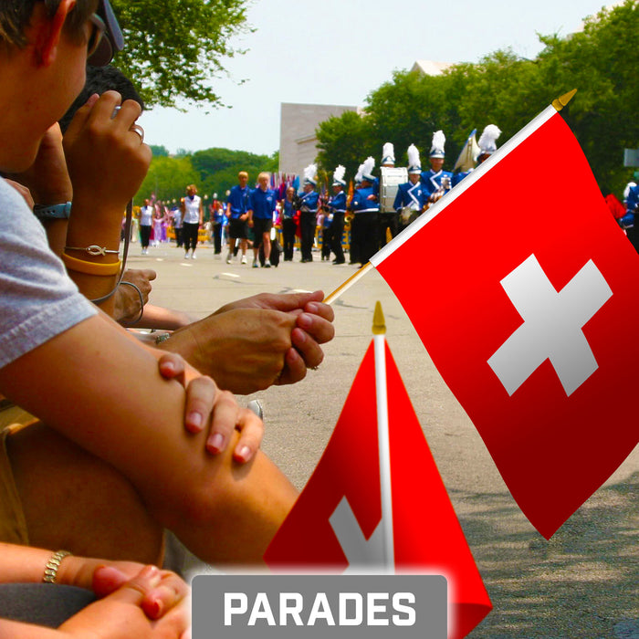 G128 10 Pack Handheld Switzerland Swiss Stick Flags | 8x12 In | Printed 150D Polyester, Country Flag, Solid Plastic Stick, Spear White Tip