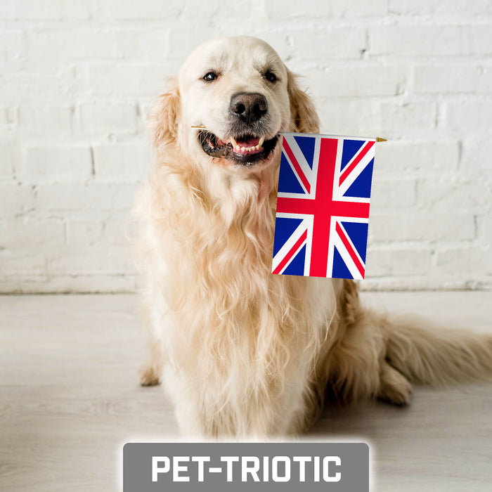 G128 12 Pack Handheld United Kingdom UK Stick Flags | 8x12 In | Printed 150D Polyester, Country Flag, Solid Wooden Stick, Spear Gold Tip
