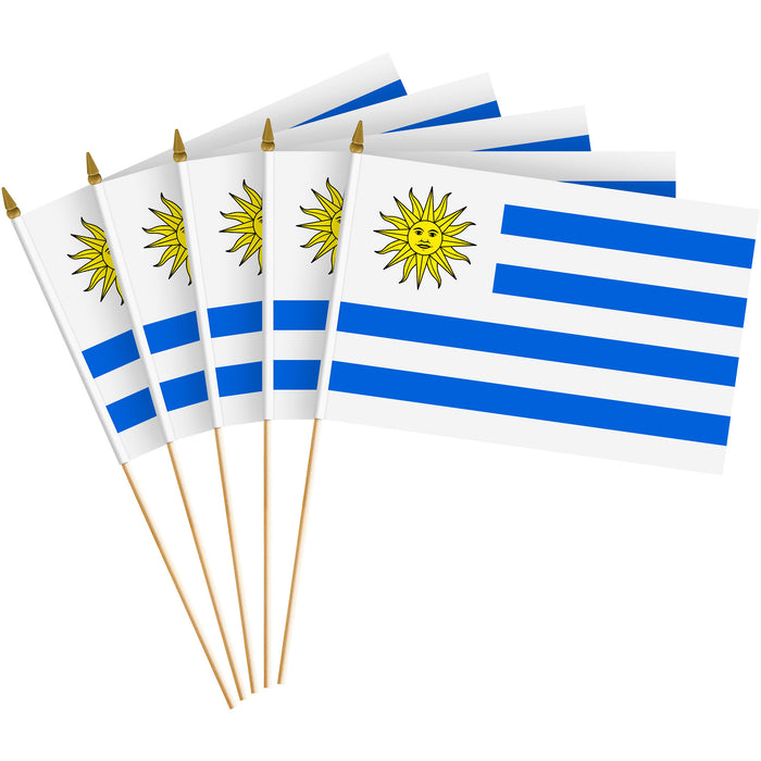 G128 50 Pack Handheld Uruguay Uruguayan Stick Flags | 8x12 In | Printed 150D Polyester, Country Flag, Solid Wooden Stick, Spear Gold Tip