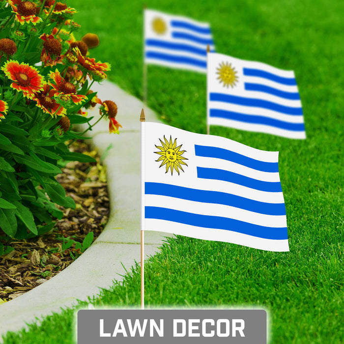 G128 10 Pack Handheld Uruguay Stick Flags | 8x12 In | Printed 150D Polyester, Country Flag, Solid Plastic Stick, Spear White Tip
