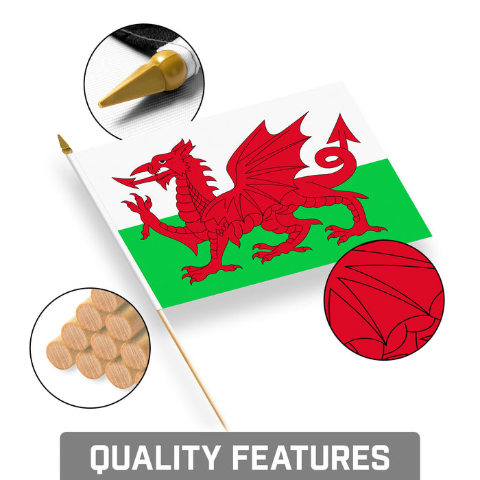 G128 10 Pack Handheld Wales Welsh Stick Flags | 8x12 In | Printed 150D Polyester, Country Flag, Solid Plastic Stick, Spear White Tip