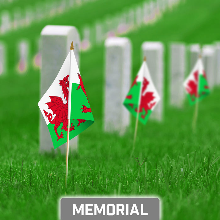 G128 10 Pack Handheld Wales Welsh Stick Flags | 8x12 In | Printed 150D Polyester, Country Flag, Solid Plastic Stick, Spear White Tip