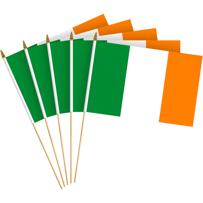 G128 50 Pack Handheld Ireland Irish Stick Flags | 8x12 In | Printed 150D Polyester, Country Flag, Solid Wooden Stick, Spear Gold Tip
