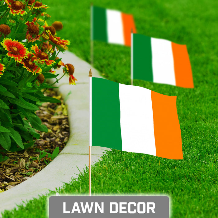 G128 50 Pack Handheld Ireland Irish Stick Flags | 8x12 In | Printed 150D Polyester, Country Flag, Solid Wooden Stick, Spear Gold Tip