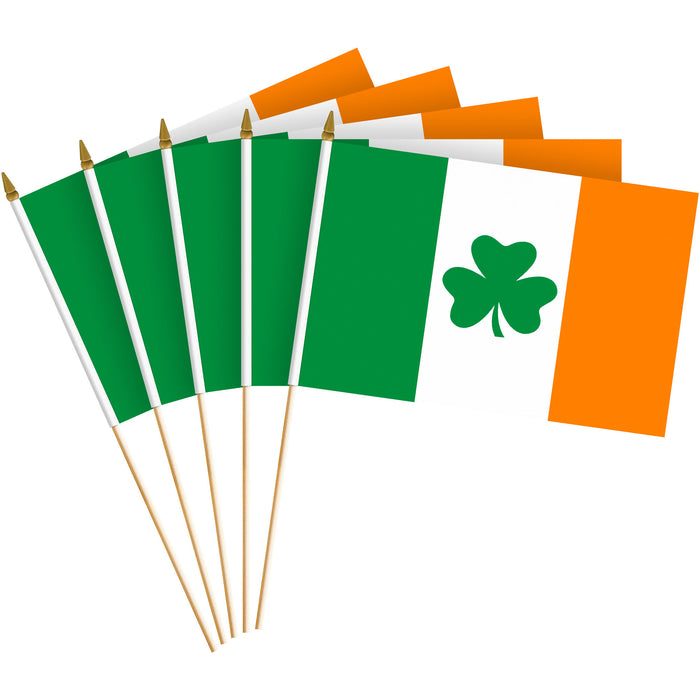G128 30 Pack Handheld Ireland Shamrock Irish Stick Flags | 8x12 In | Printed 150D Polyester, Country Flag, Solid Wooden Stick, Spear Gold Tip