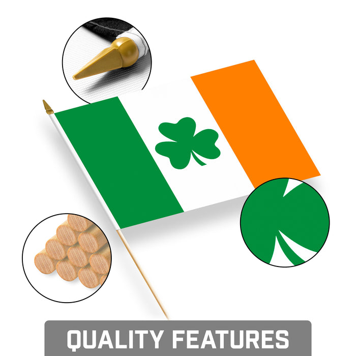 G128 10 Pack Handheld Ireland Shamrock Irish Stick Flags | 8x12 In | Printed 150D Polyester, Country Flag, Solid Plastic Stick, Spear White Tip