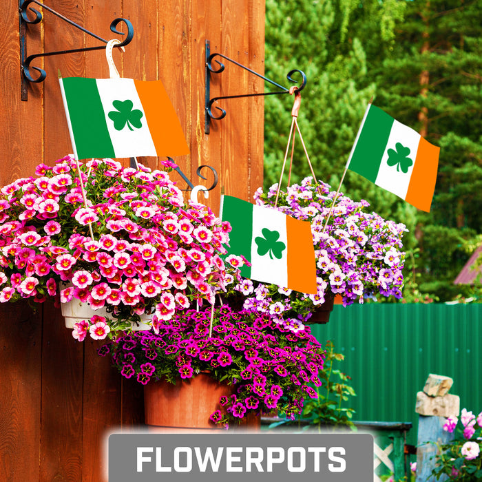 G128 10 Pack Handheld Ireland Shamrock Irish Stick Flags | 8x12 In | Printed 150D Polyester, Country Flag, Solid Plastic Stick, Spear White Tip