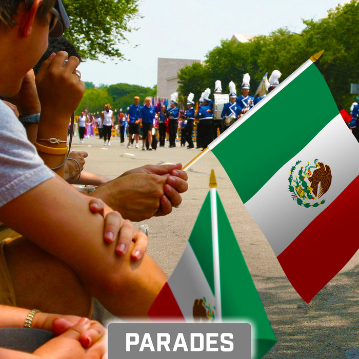 G128 30 Pack Handheld Mexico Mexican Stick Flags | 8x12 In | Printed 150D Polyester, Country Flag, Solid Wooden Stick, Spear Gold Tip