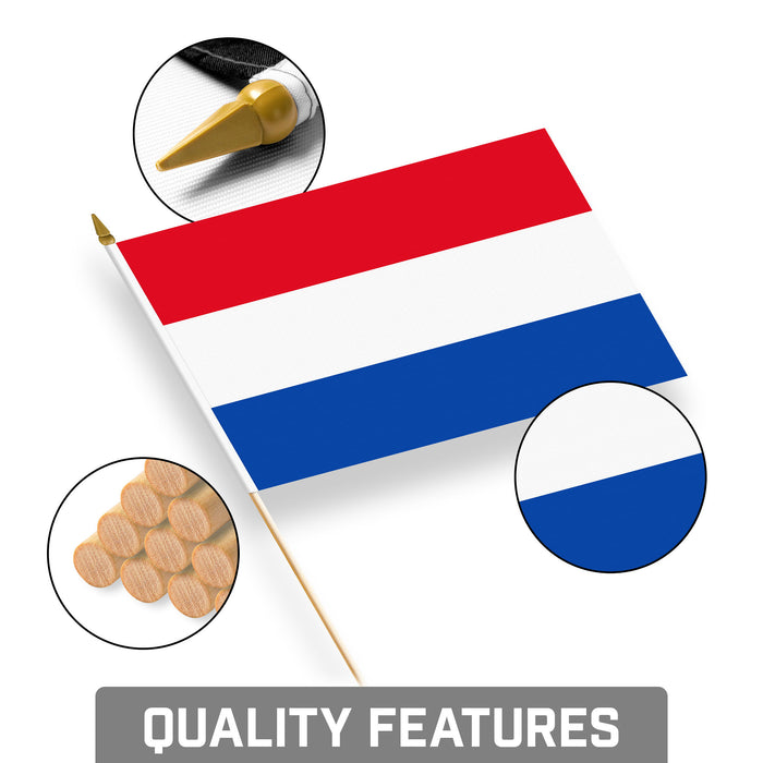 G128 10 Pack Handheld Netherlands Dutch Stick Flags | 8x12 In | Printed 150D Polyester, Country Flag, Solid Plastic Stick, Spear White Tip