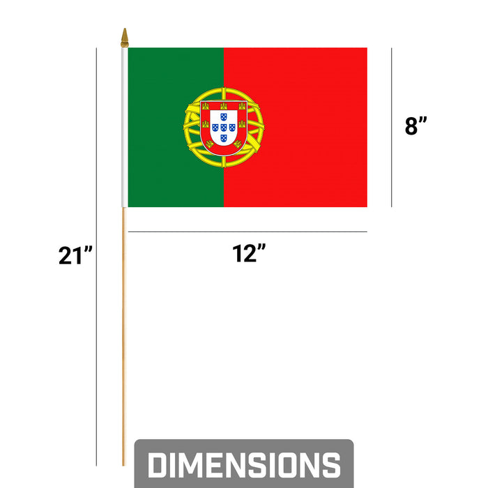 G128 30 Pack Handheld Portugal Portuguese Stick Flags | 8x12 In | Printed 150D Polyester, Country Flag, Solid Wooden Stick, Spear Gold Tip
