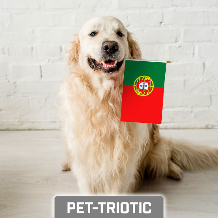 G128 30 Pack Handheld Portugal Portuguese Stick Flags | 8x12 In | Printed 150D Polyester, Country Flag, Solid Wooden Stick, Spear Gold Tip