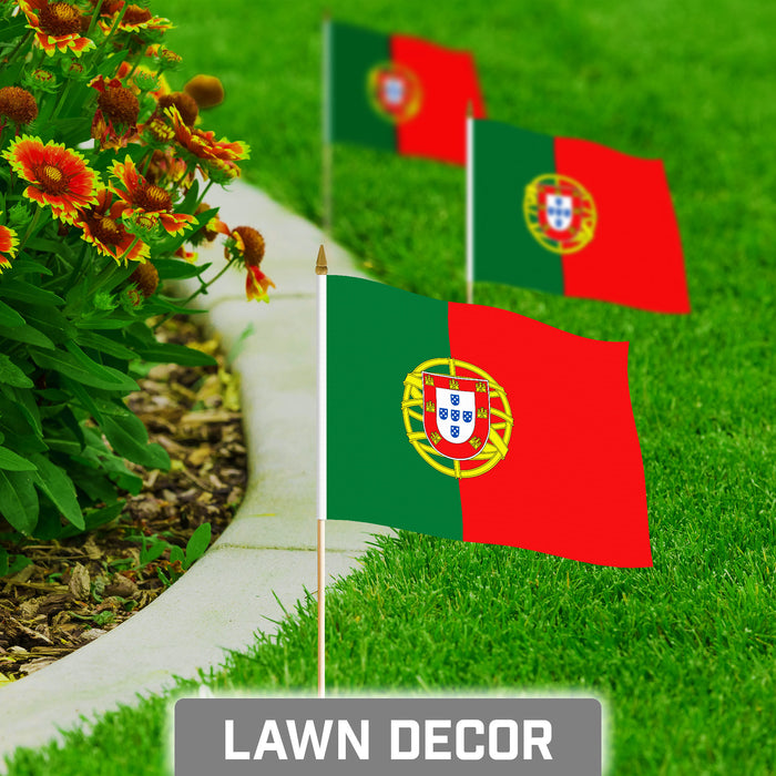 G128 10 Pack Handheld Portugal Portuguese Stick Flags | 8x12 In | Printed 150D Polyester, Country Flag, Solid Plastic Stick, Spear White Tip