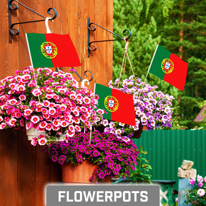 G128 30 Pack Handheld Portugal Portuguese Stick Flags | 8x12 In | Printed 150D Polyester, Country Flag, Solid Wooden Stick, Spear Gold Tip