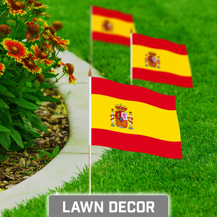 G128 10 Pack Handheld Spain Spanish Stick Flags | 8x12 In | Printed 150D Polyester, Country Flag, Solid Plastic Stick, Spear White Tip