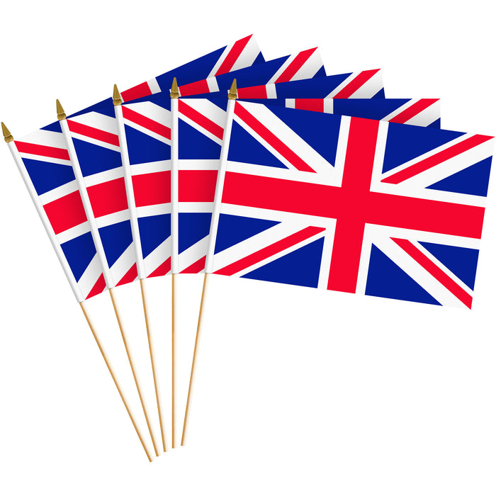 G128 12 Pack Handheld United Kingdom UK Stick Flags | 8x12 In | Printed 150D Polyester, Country Flag, Solid Wooden Stick, Spear Gold Tip