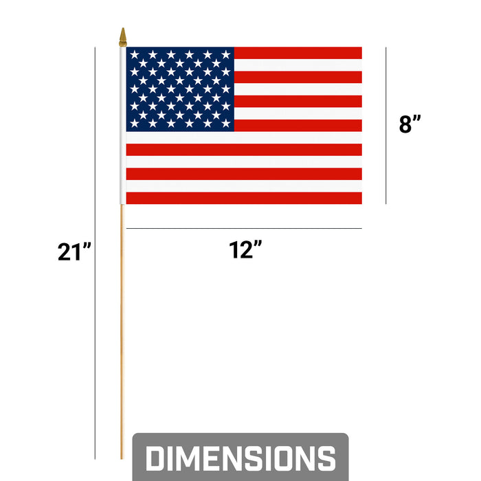 G128 50 Pack Handheld American USA Stick Flags | 8x12 In | Printed 150D Polyester, Country Flag, Solid Wooden Stick, Spear Gold Tip, Great for Patriotic Decorations